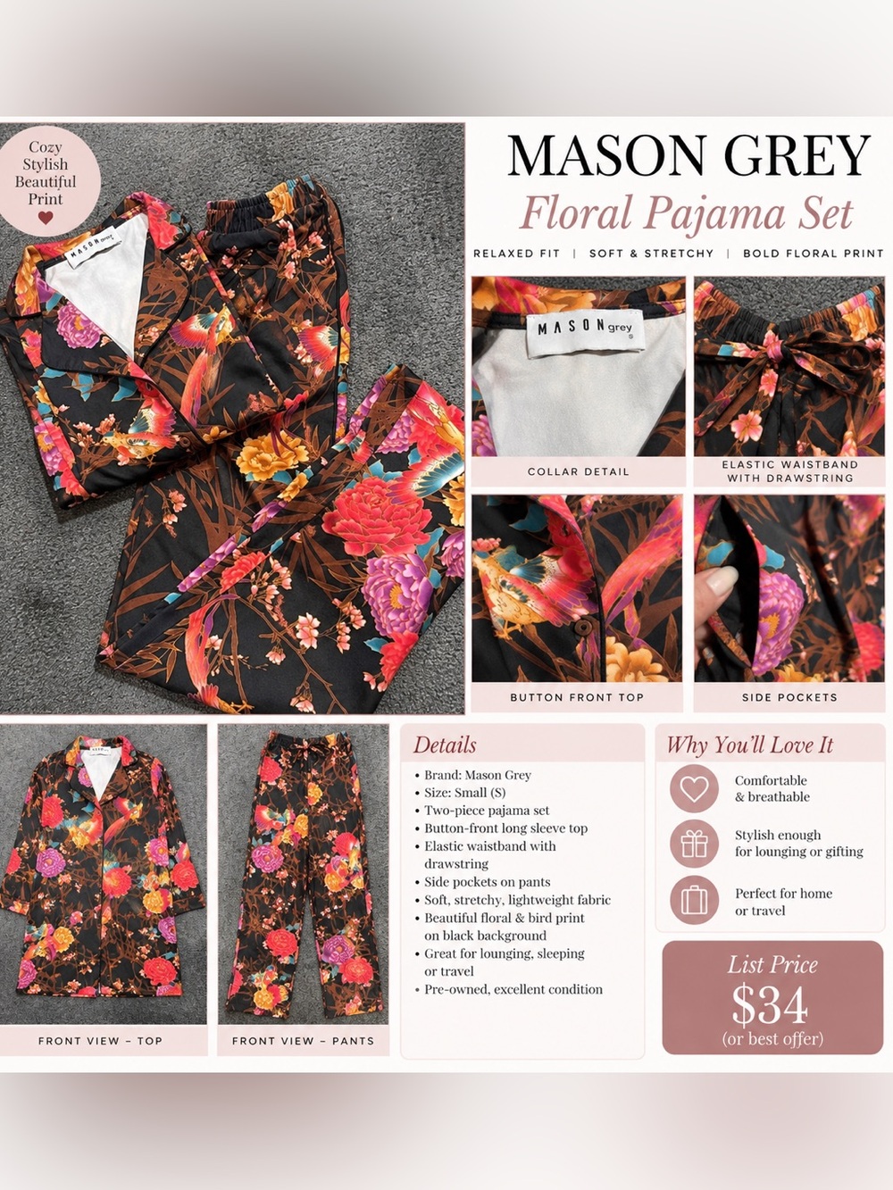 Mason Grey Floral Bird Print Pajama Set Button Up Pants Black Size S